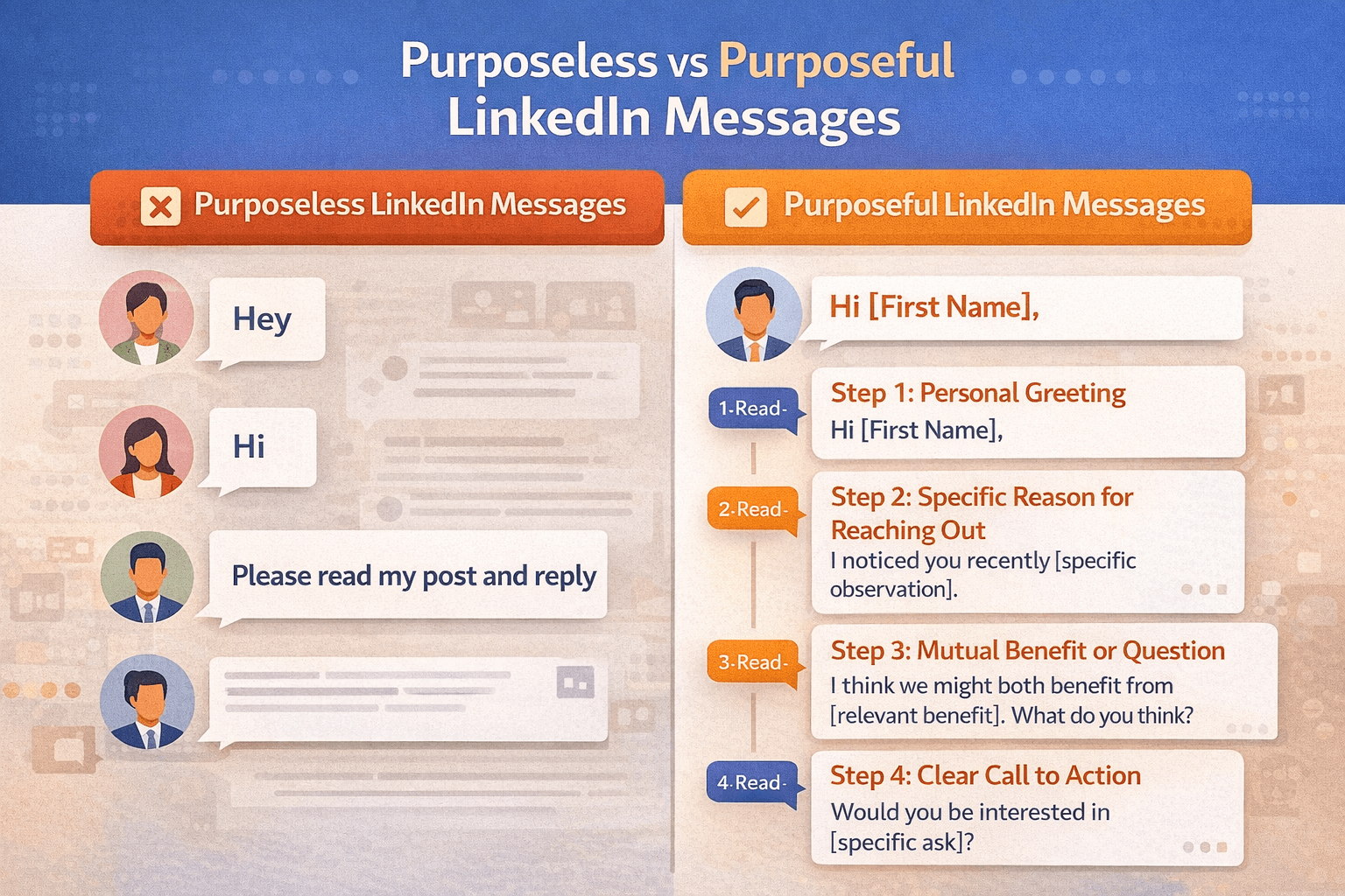 Linkedin Communication mistakes, purpose less conversation starters. 